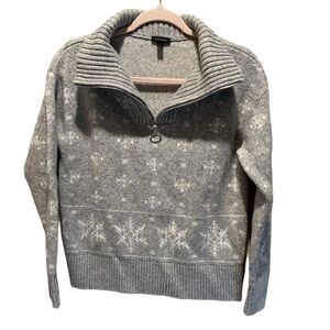 Talbots half zip sweater. Cowl neck. Snowflake design. Gray. Size M.